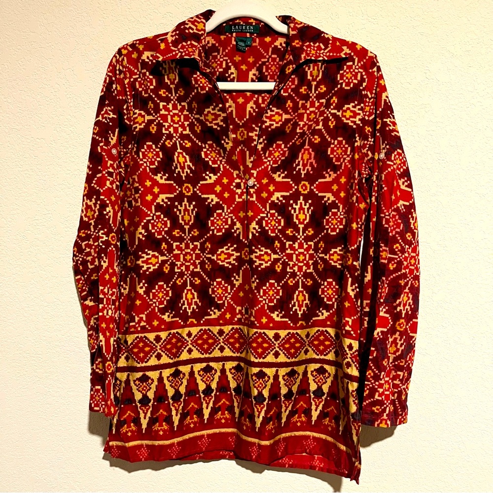 Lauren Ralph Lauren Aztec Southwestern Cotton Boho Oversized Artsy Tunic Top SM